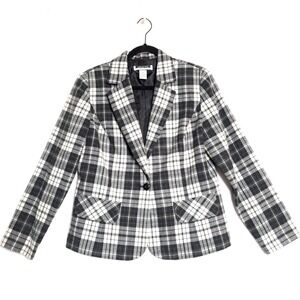 Leslie Fay Womens‎ Plaid Blazer Jacket Gray White Classic Button Front Career